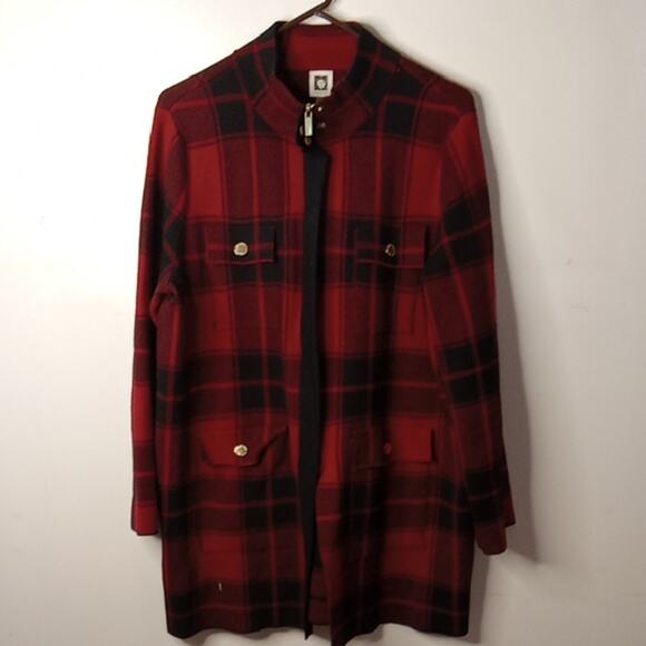 Anne Klein Women's XL Buffalo Check Zip up Red Black Sweater jacket. Vintage - Picture 1 of 9